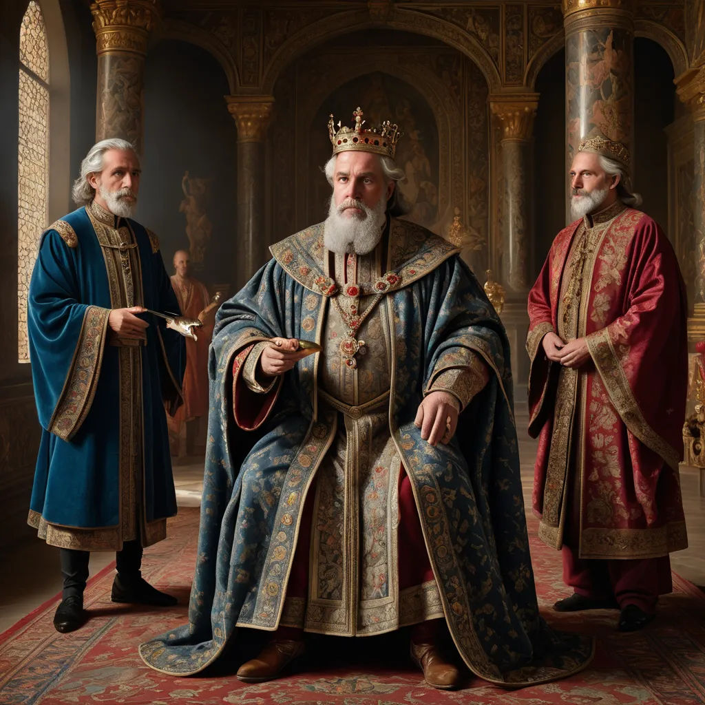 a man in a crown and a man in a robe stand in a room with columns and a rug, letterism, a detailed matte painting, Barthel Bruyn the Elder, promotional image