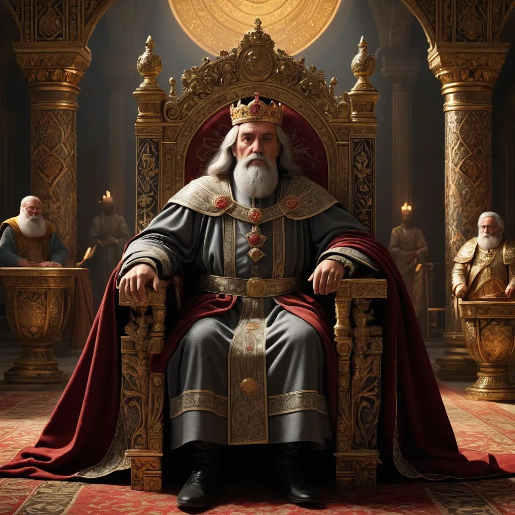 a man sitting on a throne with a crown on his head and a red robe on his shoulders and a red robe on his chest, letterism, a detailed matte painting, Dionisius, highly detailed digital painting