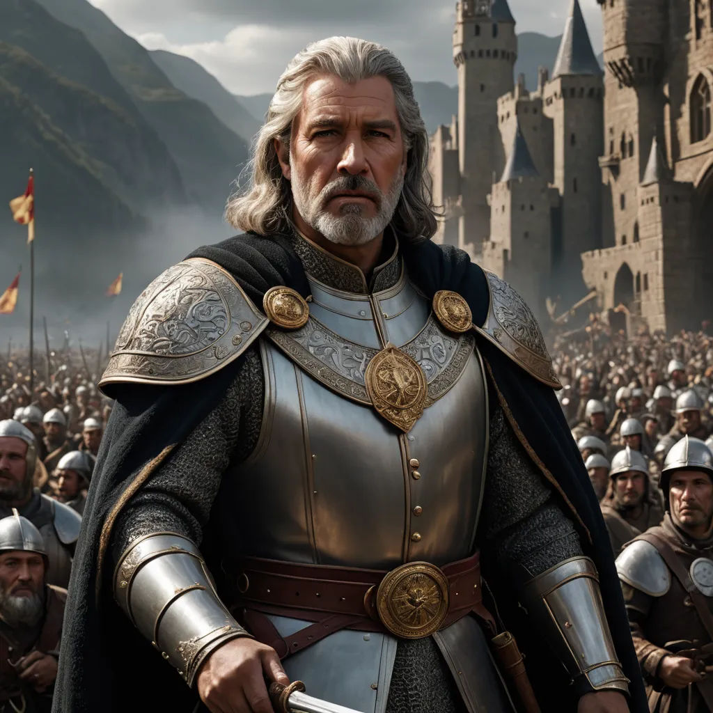 a man in a suit of armor standing in front of a crowd of people in front of a castle, romanesque, a detailed matte painting, Clovis Trouille, weta digital