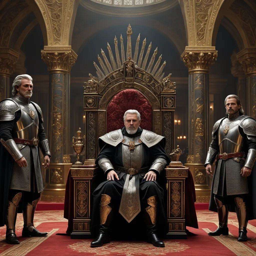 a group of men in armor sitting on a throne in a room with a red carpet and a gold and red carpet, sots art, a detailed matte painting, Clovis Trouille, cinematic concept art
