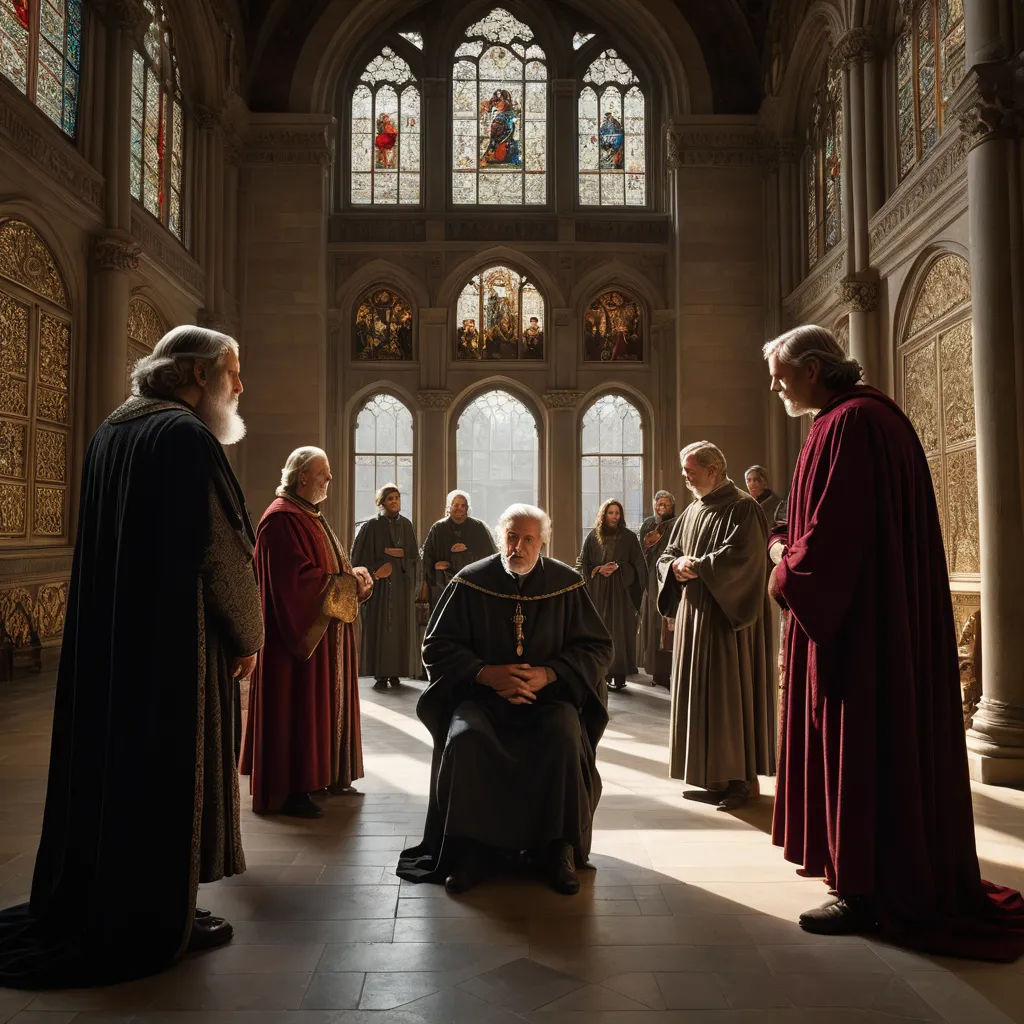 a group of people in a large room with stained glass windows and a priest sitting in a chair in front of them, renaissance, a renaissance painting, Edward George Handel Lucas, promotional image