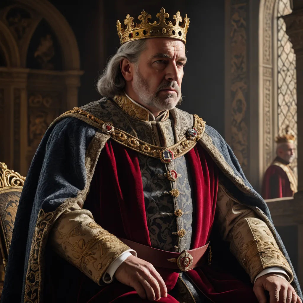 a man in a crown sitting in a chair with a red blanket on his lap and a red blanket on his lap, pre-raphaelitism, a character portrait, Clovis Trouille, promotional image