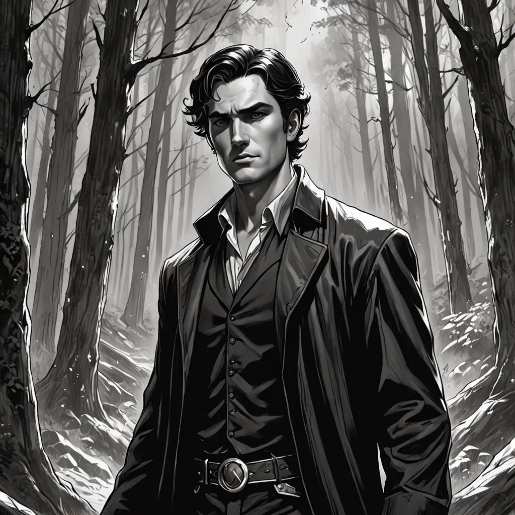 a man in a black coat standing in a forest with trees and snow on the ground, with a knife in his hand, Dirk Crabeth, gothic art, a comic book panel, graphic novel