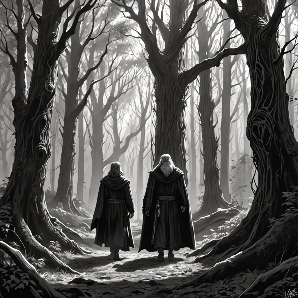 two people standing in a forest with trees and fogs on the ground, one of them is wearing a cloak, Andreas Rocha, fantasy art, a storybook illustration, d & d