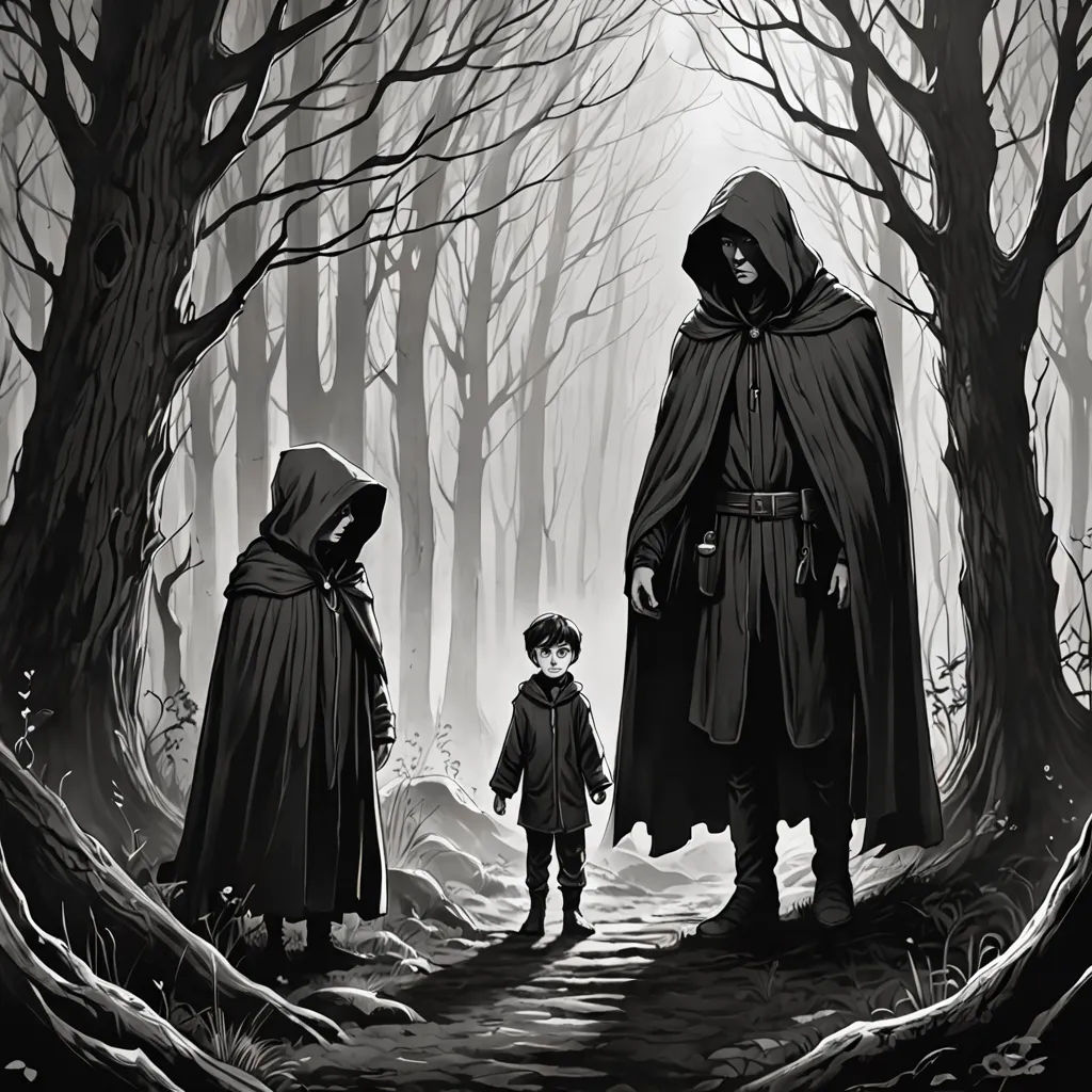 a couple of people standing in the woods near a forest path with trees and a person in a cloak, Diego Gisbert Llorens, sots art, a storybook illustration, storybook illustration