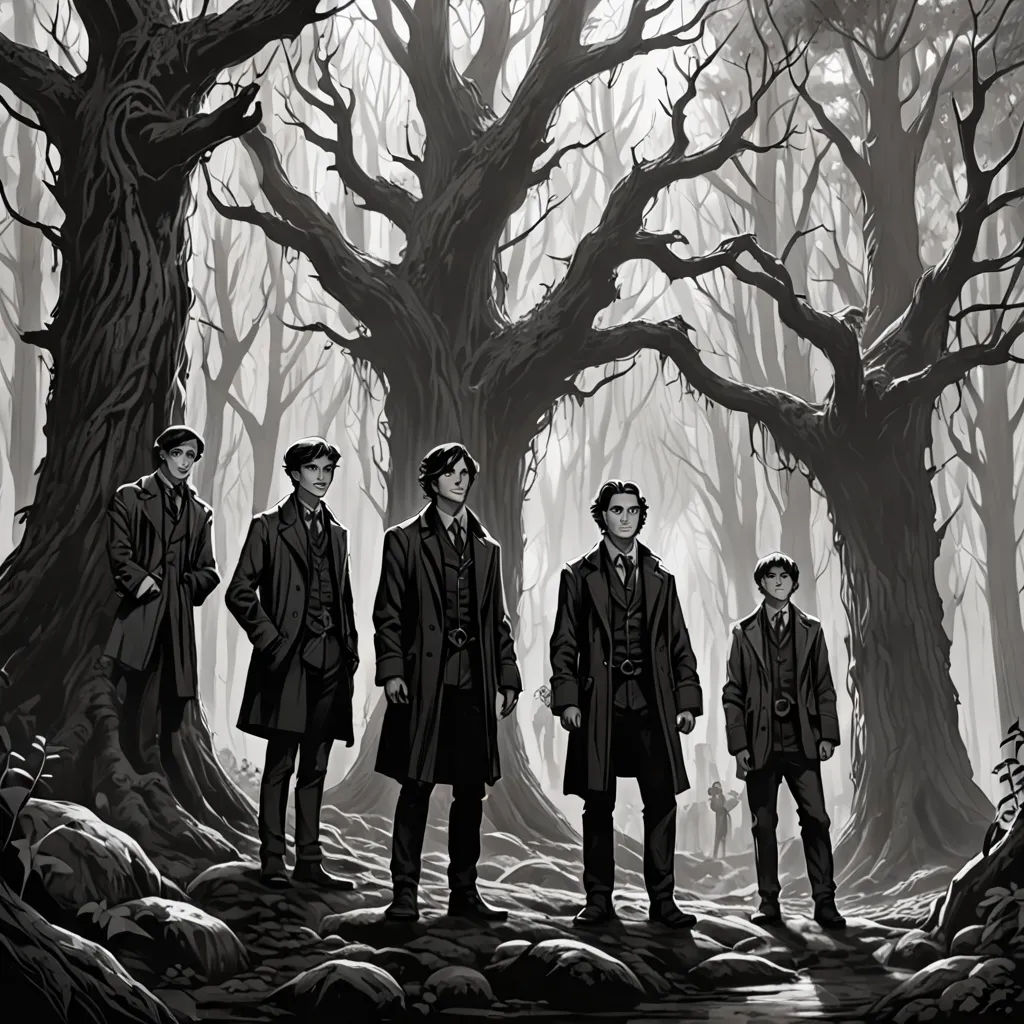 a group of men standing in front of a tree in a forest with no leaves on it, all wearing coats, Diego Gisbert Llorens, gothic art, an illustration of, official art