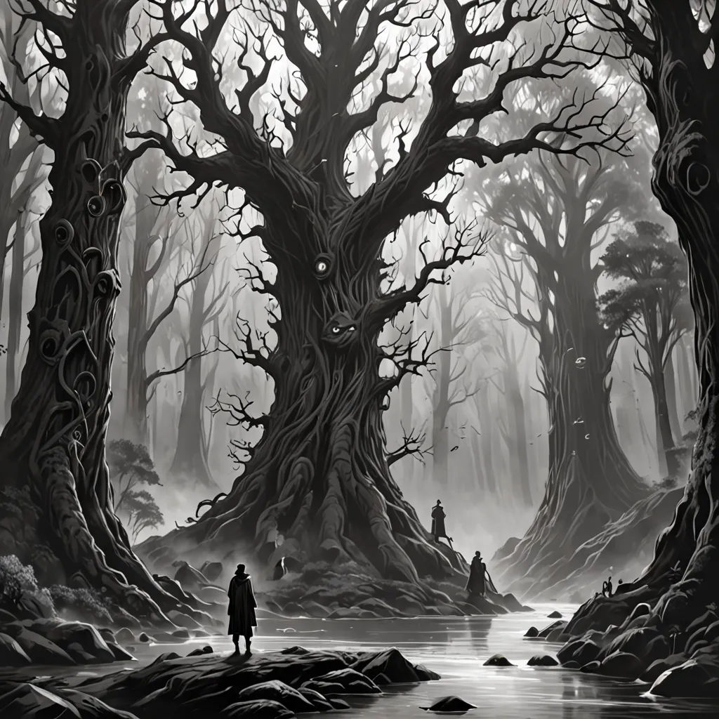 a man standing in a forest next to a river with trees on both sides of it and a castle in the distance, Dan Mumford, gothic art, an ultrafine detailed painting, elden ring