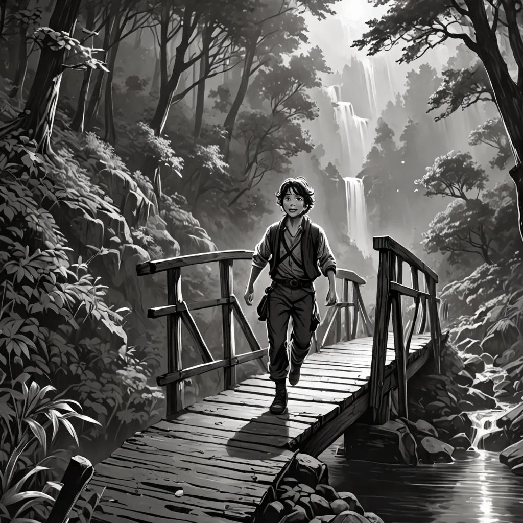 a man walking across a bridge over a river in a forest next to a waterfall with a waterfall in the background, Cliff Childs, magical realism, a storybook illustration, storybook illustration