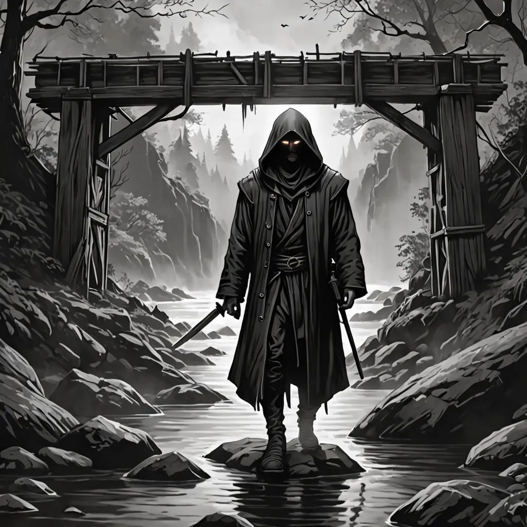 a man in a hooded jacket and a hoodie is walking through a forest with a bridge over a stream, Chris Rallis, fantasy art, a character portrait, epic fantasy character art