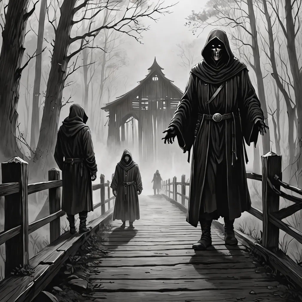 a man in a hooded outfit walking across a bridge with a woman in a cloak and a child in a cloak, Andreas Rocha, fantasy art, an ultrafine detailed painting, magic the gathering artwork