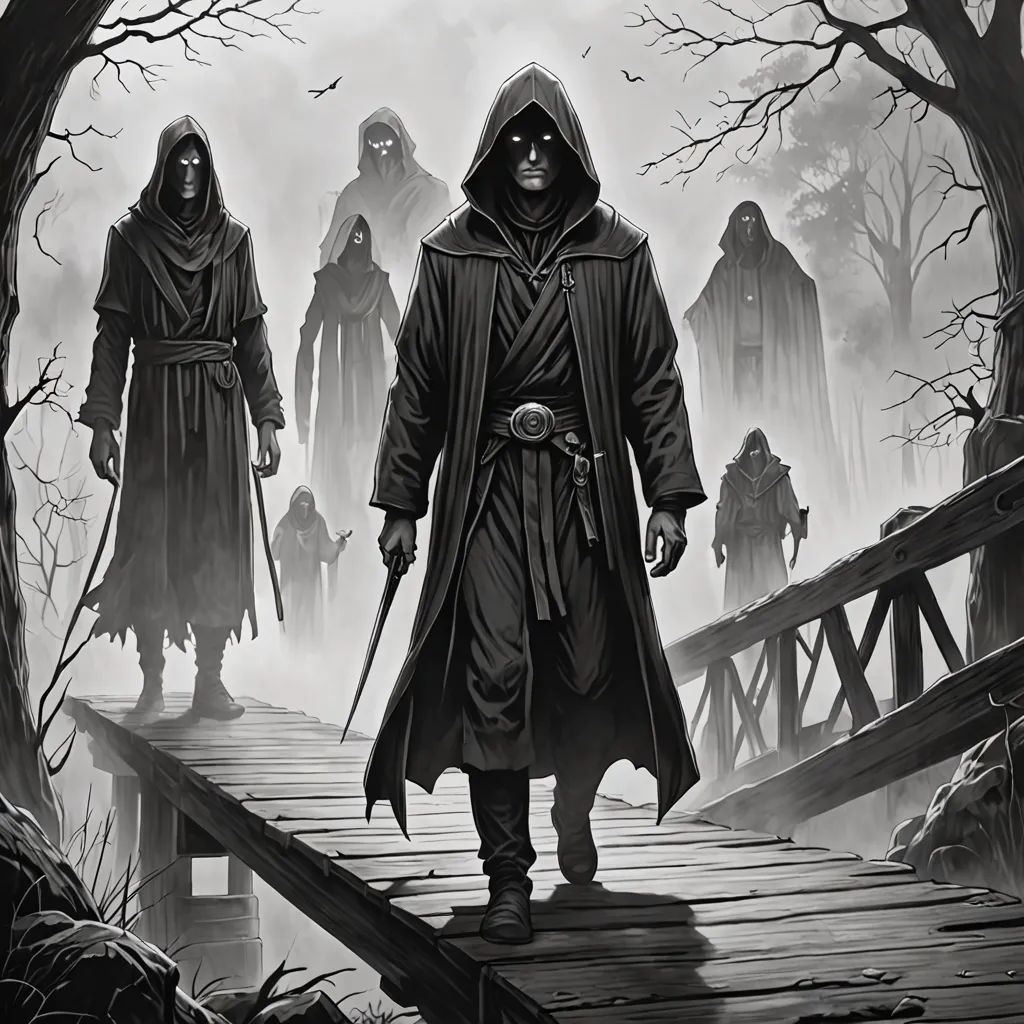 a group of people walking across a bridge in a forest with fog and trees on either side of them, Chris Rallis, antipodeans, concept art, magic the gathering artwork