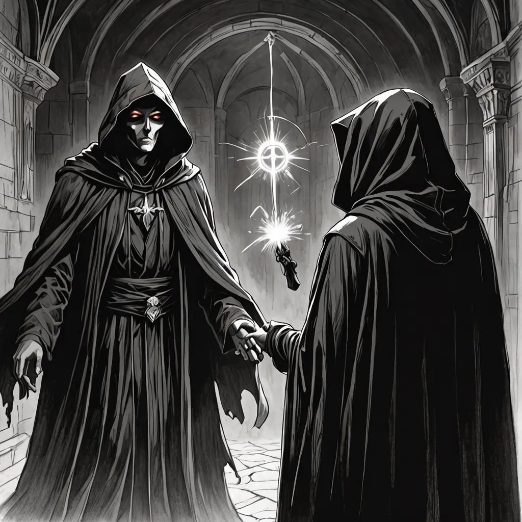 a black and white drawing of two men in robes holding hands with a star above them in a dark cathedral, Edgar Ainsworth, gothic art, concept art, magic the gathering artwork