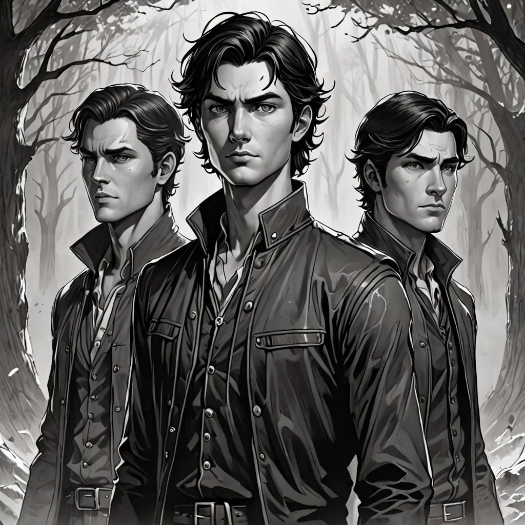 three men standing in front of a forest with trees and snow on the ground, one of them is wearing a leather jacket, Brothers Hildebrandt, gothic art, a character portrait, key art