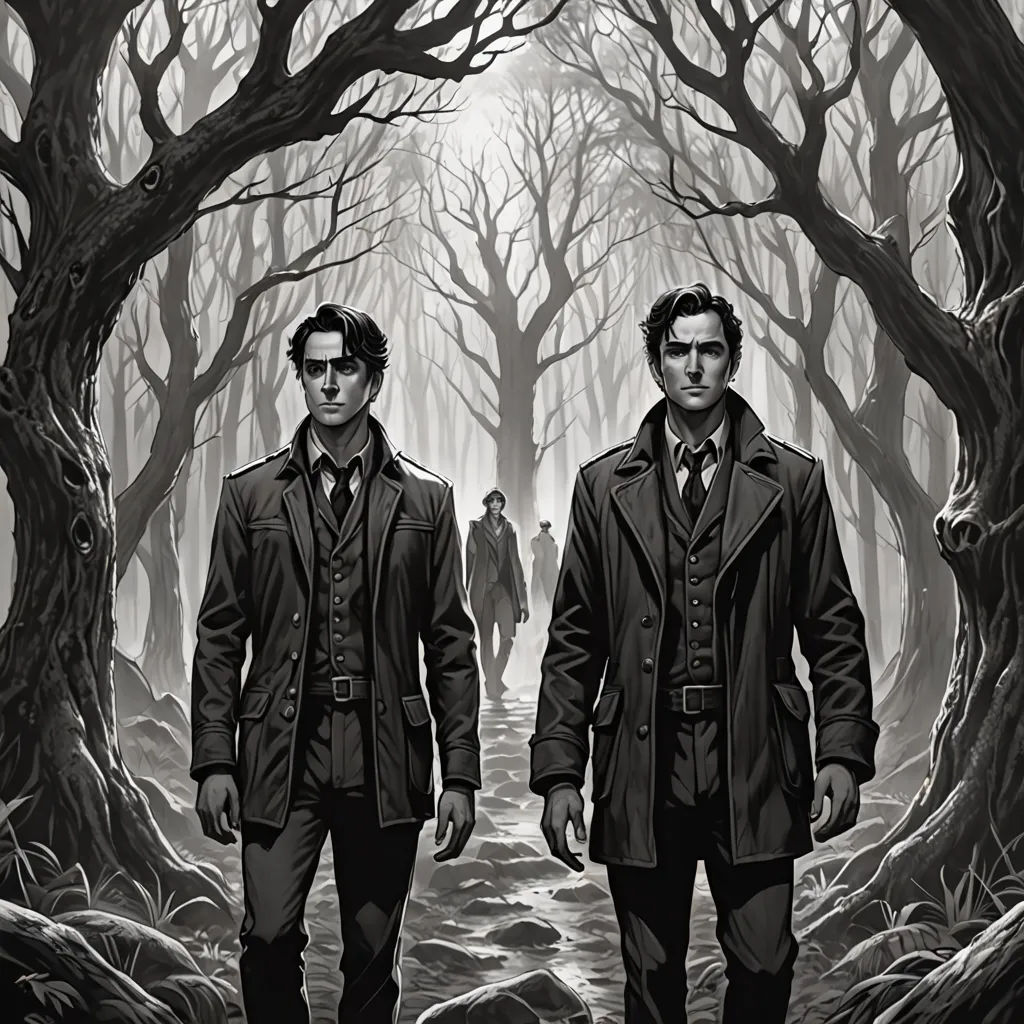 two men walking through a forest with trees and rocks on the ground, one of them is wearing a coat, Brothers Hildebrandt, gothic art, poster art, graphic novel