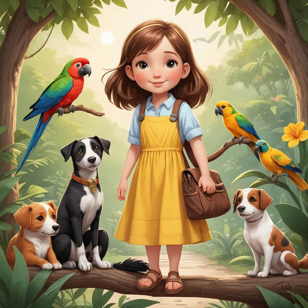 a girl standing in the forest with her dogs and parrots on a branch with a bird on her shoulder, naive art, a storybook illustration, Elinor Proby Adams, promotional image