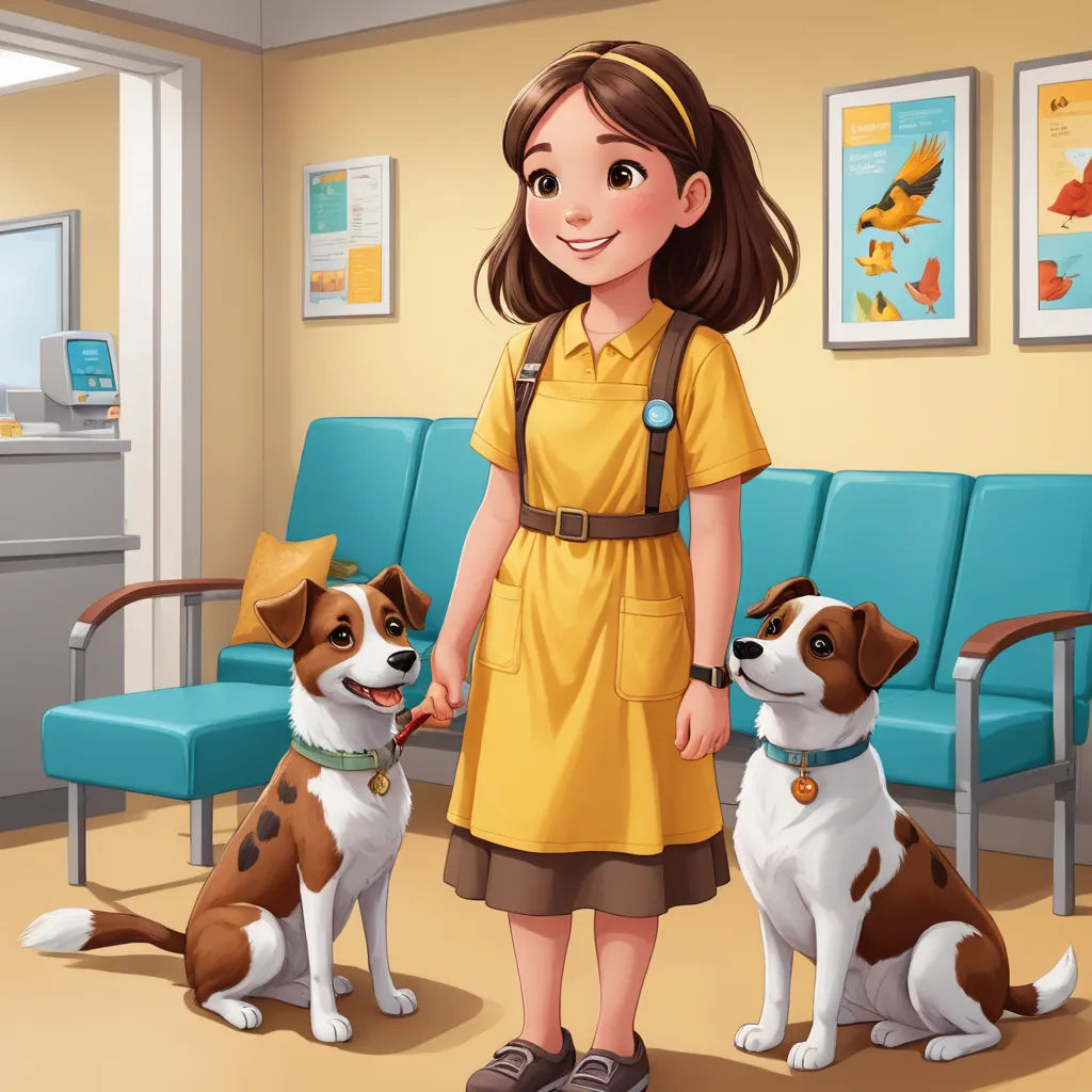 a girl in a yellow dress standing next to two dogs in a waiting room with blue chairs and a blue bench, american scene painting, a storybook illustration, Elinor Proby Adams, promotional image