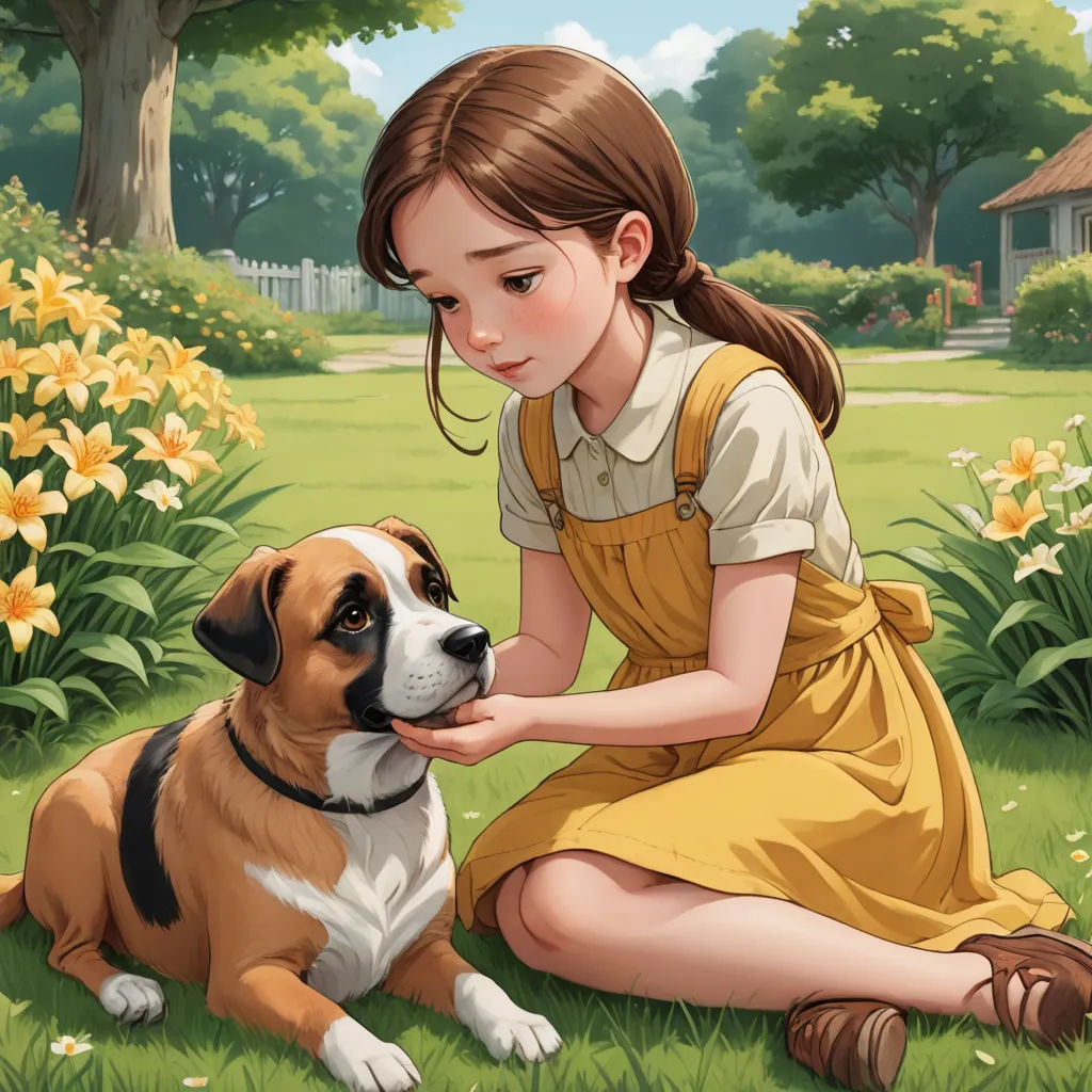 a girl petting a dog in a field of flowers and trees with a house in the background and a dog laying on the ground, american scene painting, a storybook illustration, Bob Byerley, storybook illustration