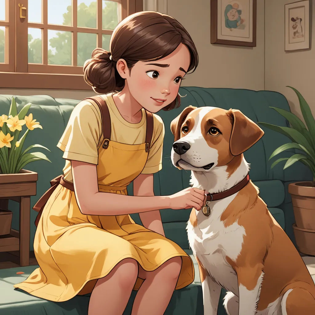 a girl in a yellow dress petting a dog on the couch in a living room with a green couch, furry art, a storybook illustration, Charles Schulz, official art