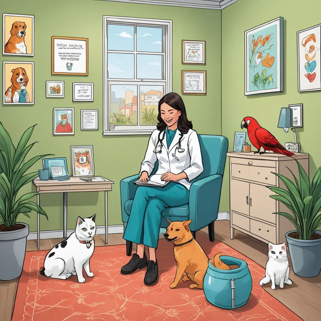 a woman sitting in a chair with two dogs and a cat in a room with green walls and pictures on the walls, lyco art, a storybook illustration, Evaline Ness, storybook illustration