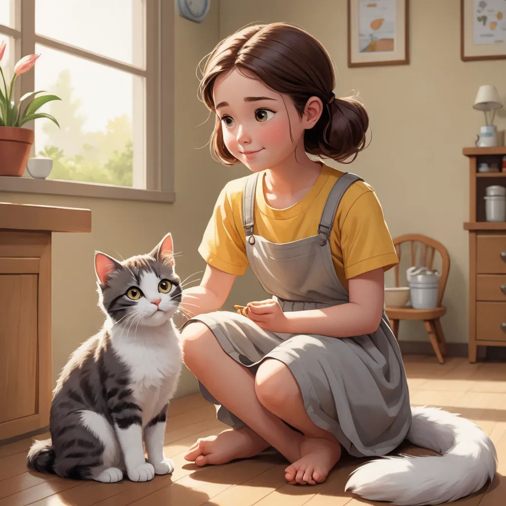 a girl sitting on the floor with a cat next to her on the floor is a potted plant, photorealism, a storybook illustration, Chris LaBrooy, trending on art station