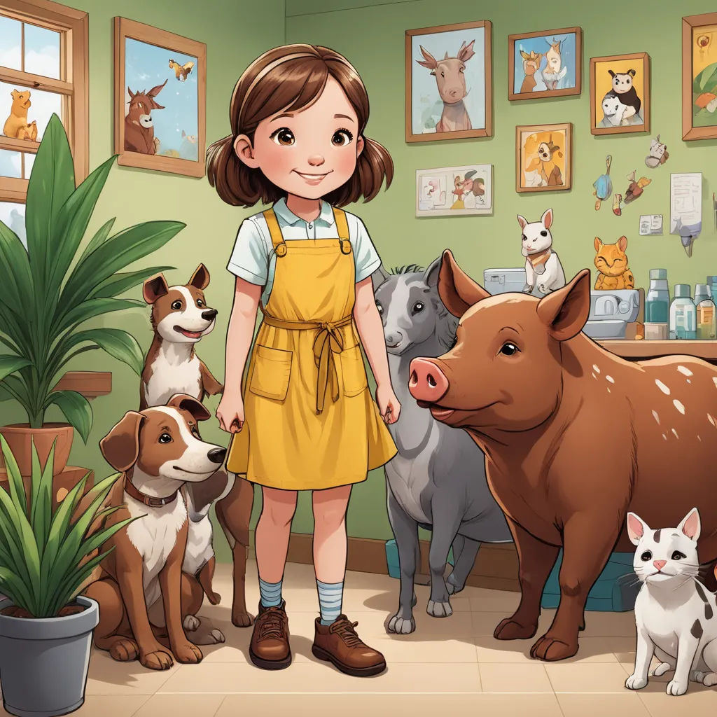 a girl standing in front of a group of dogs and pigs in a room with pictures on the wall, furry art, a storybook illustration, Elinor Proby Adams, storybook illustration