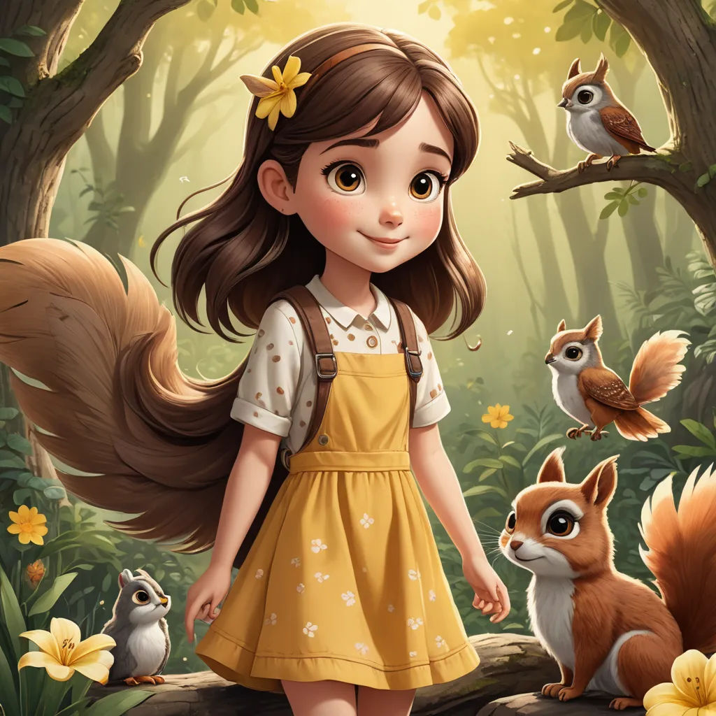 a girl in a yellow dress standing in front of a forest with a squirrel and a squirrel on it, furry art, a storybook illustration, David Martin, deviantart artstation