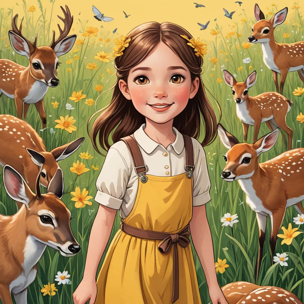 a girl in a yellow dress standing in a field of deer and daisies with a bird flying above her, furry art, a storybook illustration, Claire Hummel, leesha hannigan