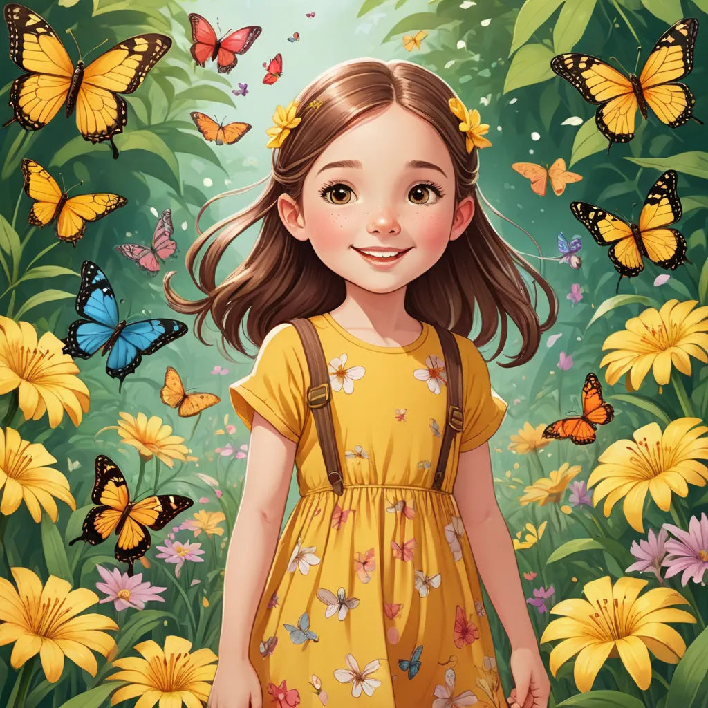 a girl in a yellow dress standing in a field of flowers with butterflies flying around her and smiling at the camera, magic realism, a storybook illustration, Cliff Childs, trending on art station