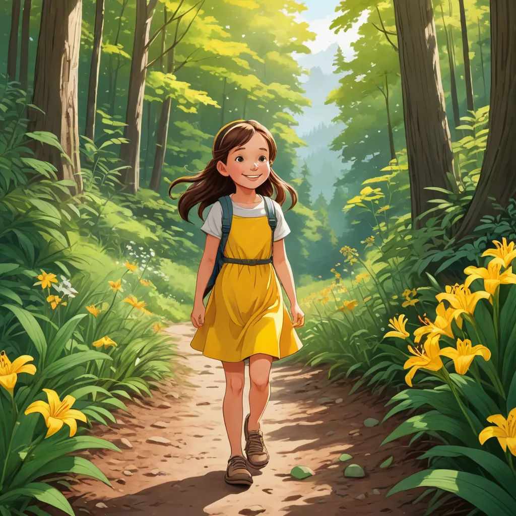 a girl in a yellow dress is walking through the woods with yellow flowers on the ground and a path, environmental art, a storybook illustration, Cliff Childs, rossdraws global illumination