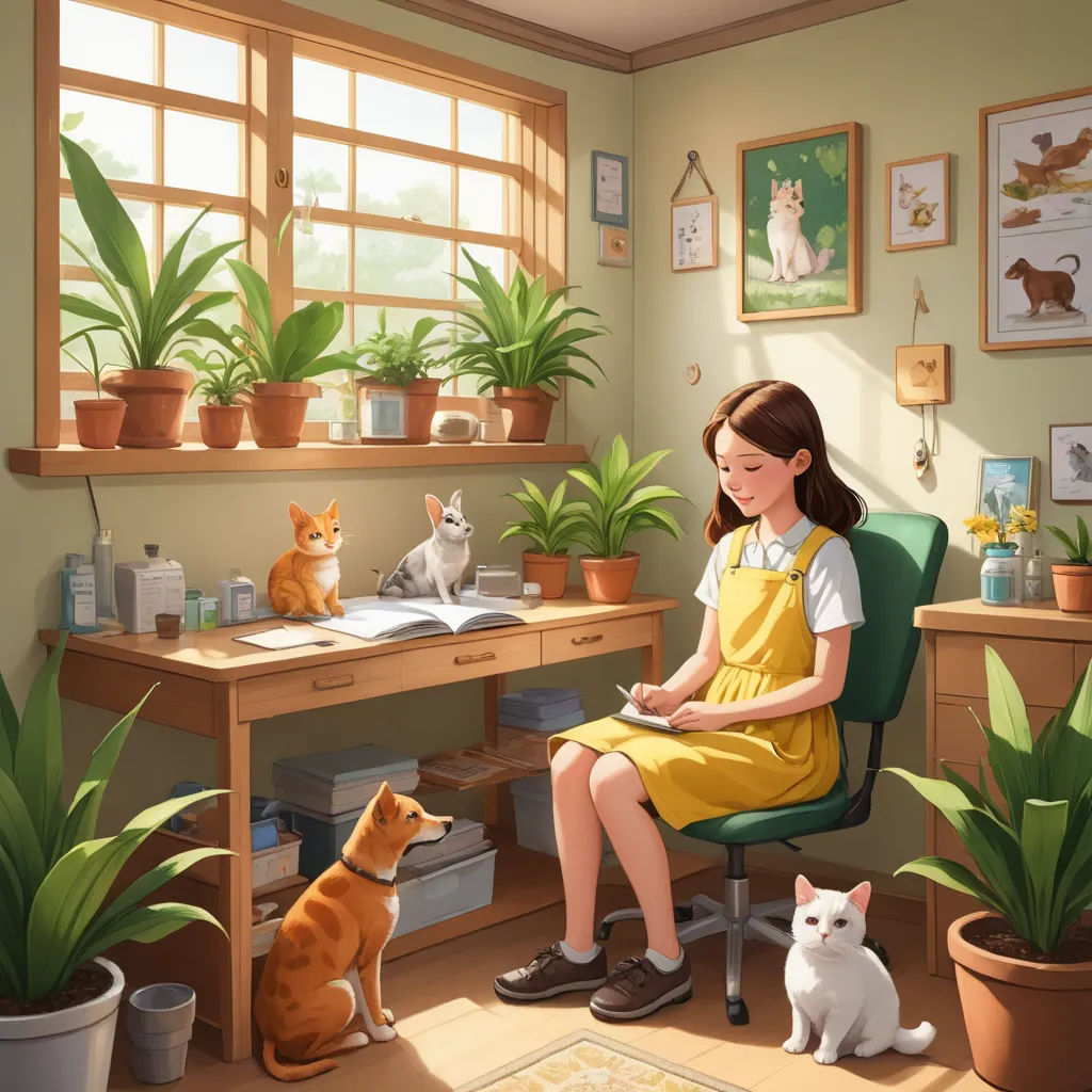 a girl sitting in a chair with two cats and a dog in a room with plants and a desk, photorealism, a storybook illustration, Evgeny Lushpin, trending on art station
