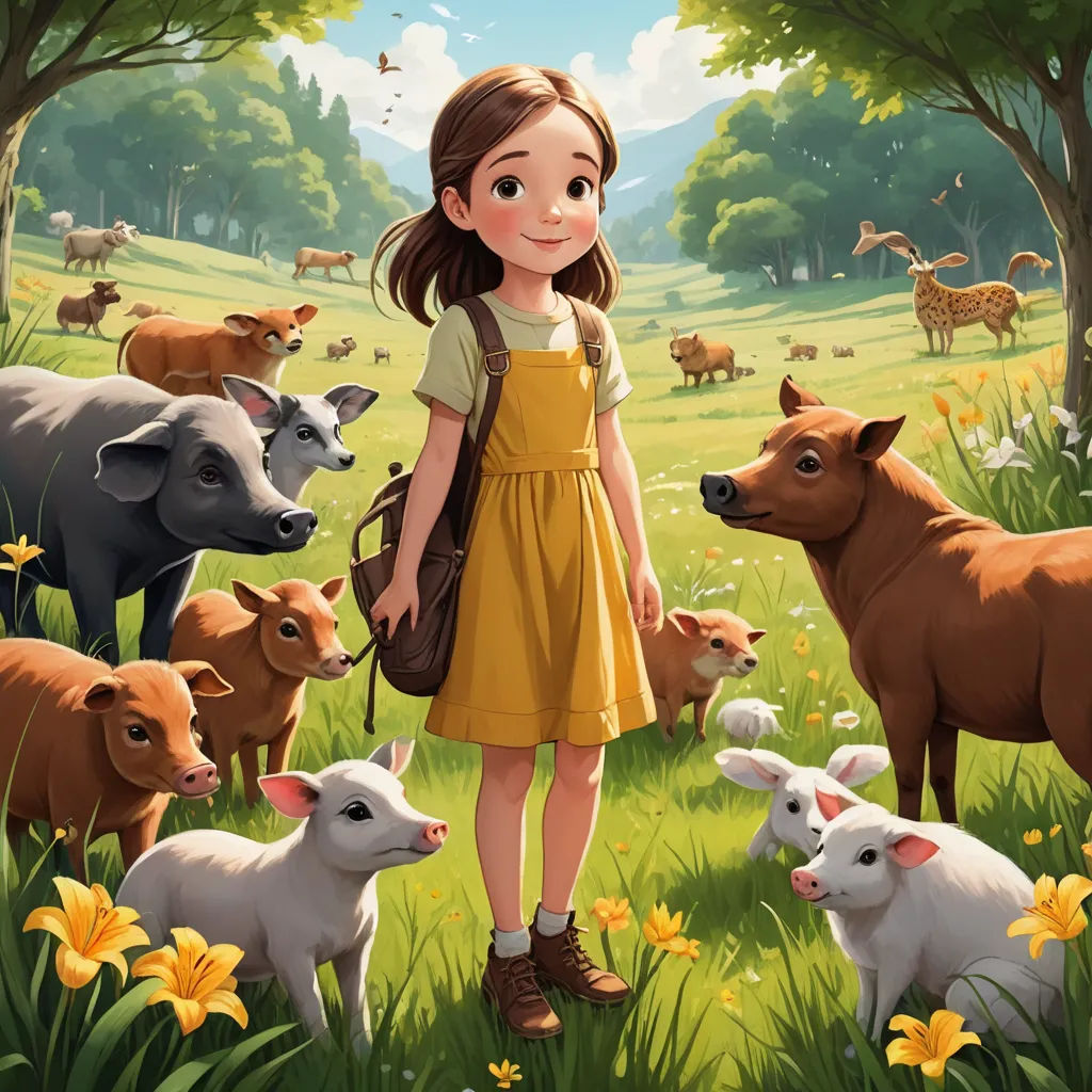 a girl in a yellow dress standing in a field with cows and ducks in the background, with a forest of trees and flowers, naturalism, a storybook illustration, Aaron Jasinski, official art