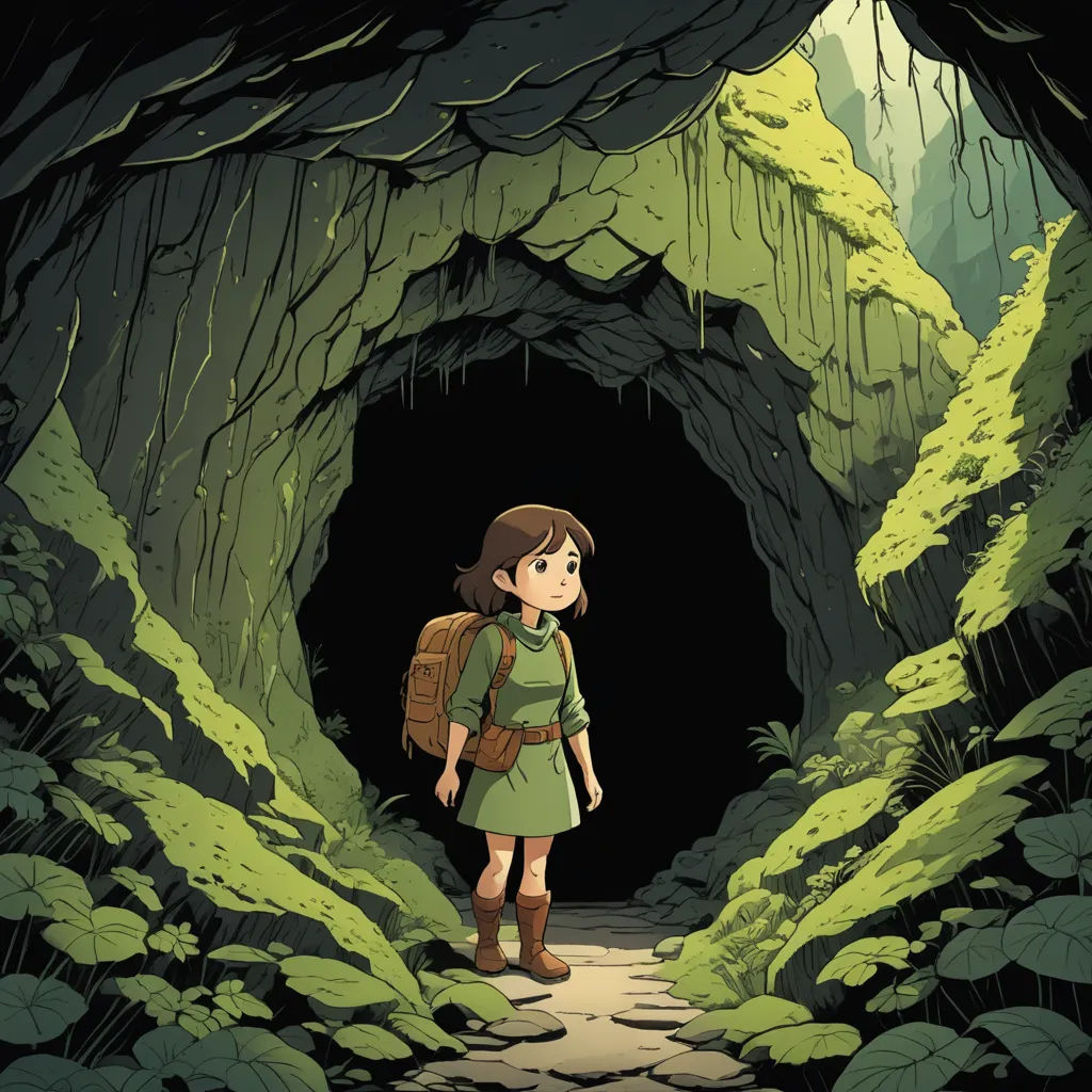 a girl in a green dress is walking through a cave with a backpack on her back and a backpack on her shoulder, environmental art, poster art, Cliff Childs, ghibli