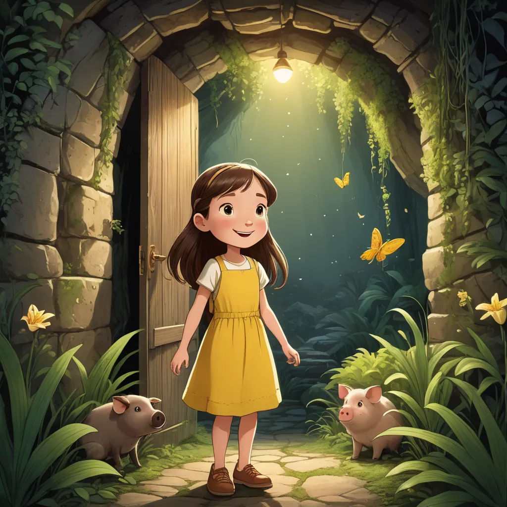 a girl in a yellow dress standing in front of a doorway with a pig and a piggy bank, magical realism, a storybook illustration, Cliff Childs, storybook illustration