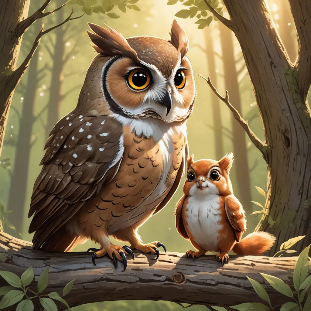 a painting of an owl and a baby owl sitting on a tree branch in a forest with sunlight coming through the trees, fantasy art, a storybook illustration, Chris LaBrooy, trending on art station