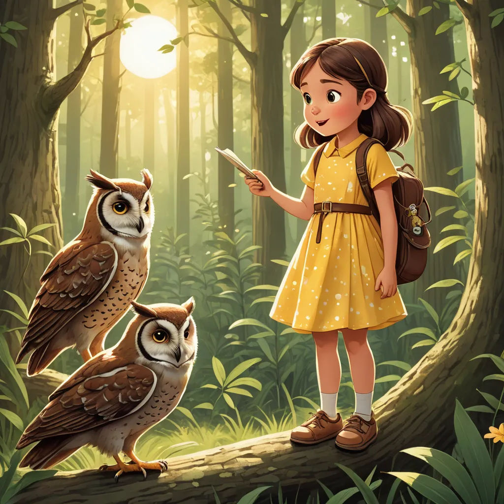 a girl in a yellow dress standing on a log with two owls in the woods behind her, and a sun shining through the trees, bengal school of art, a storybook illustration, Diego Gisbert Llorens, storybook illustration