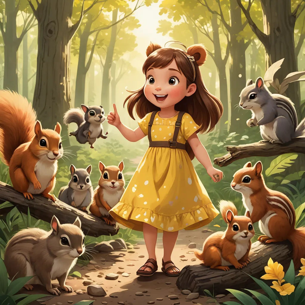 a girl in a yellow dress surrounded by squirrels in a forest with a forest background and a forest scene, furry art, a storybook illustration, Chris LaBrooy, official art