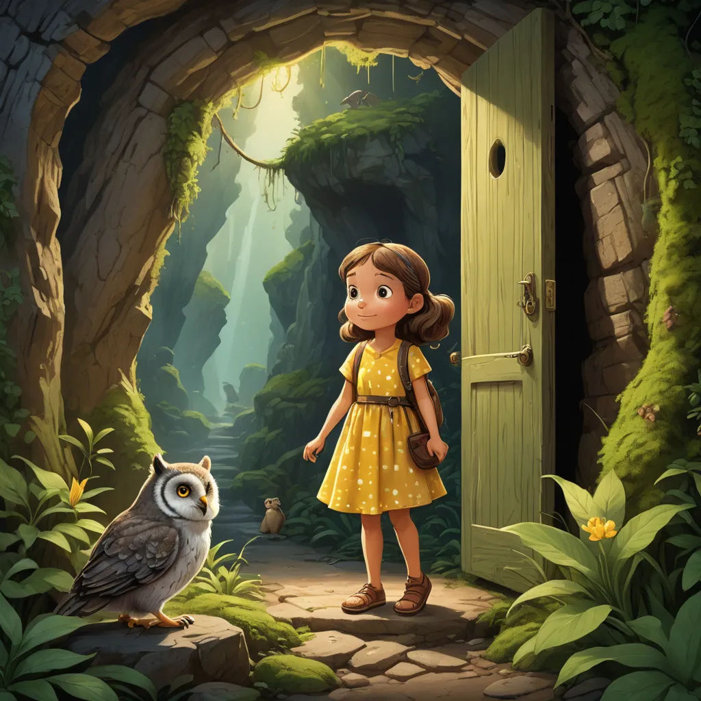 a girl in a yellow dress standing in front of an owl in a forest with a door open to a cave, fantasy art, a storybook illustration, Cliff Childs, rossdraws global illumination