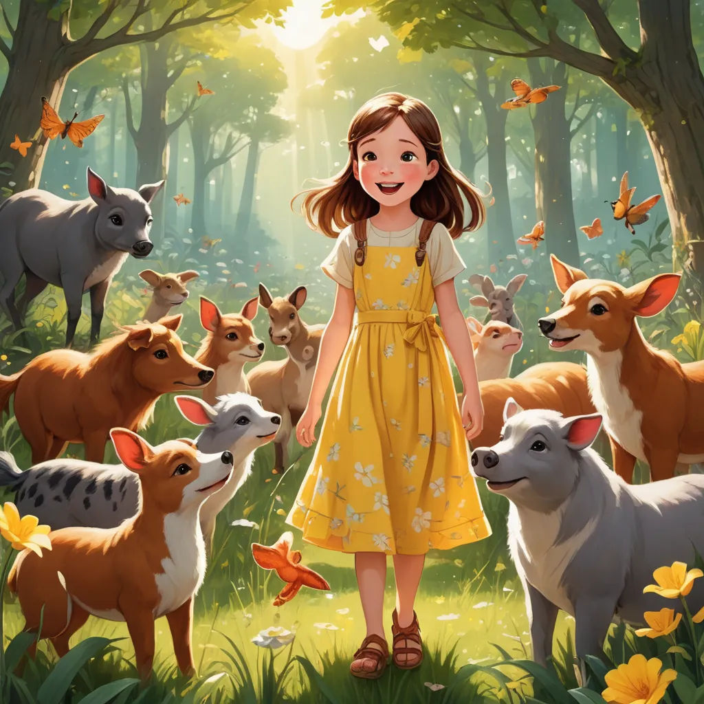 a girl in a yellow dress surrounded by animals in a forest with butterflies flying overhead and a sun shining through the trees, furry art, a storybook illustration, Elinor Proby Adams, official art