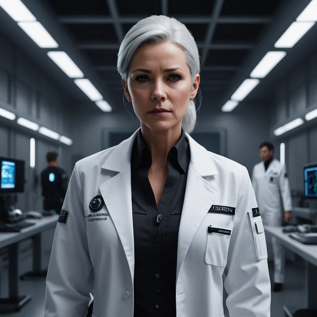 a woman in a lab coat standing in a room with other people in the background and a computer screen, computer art, a character portrait, Eve Ryder, promotional image