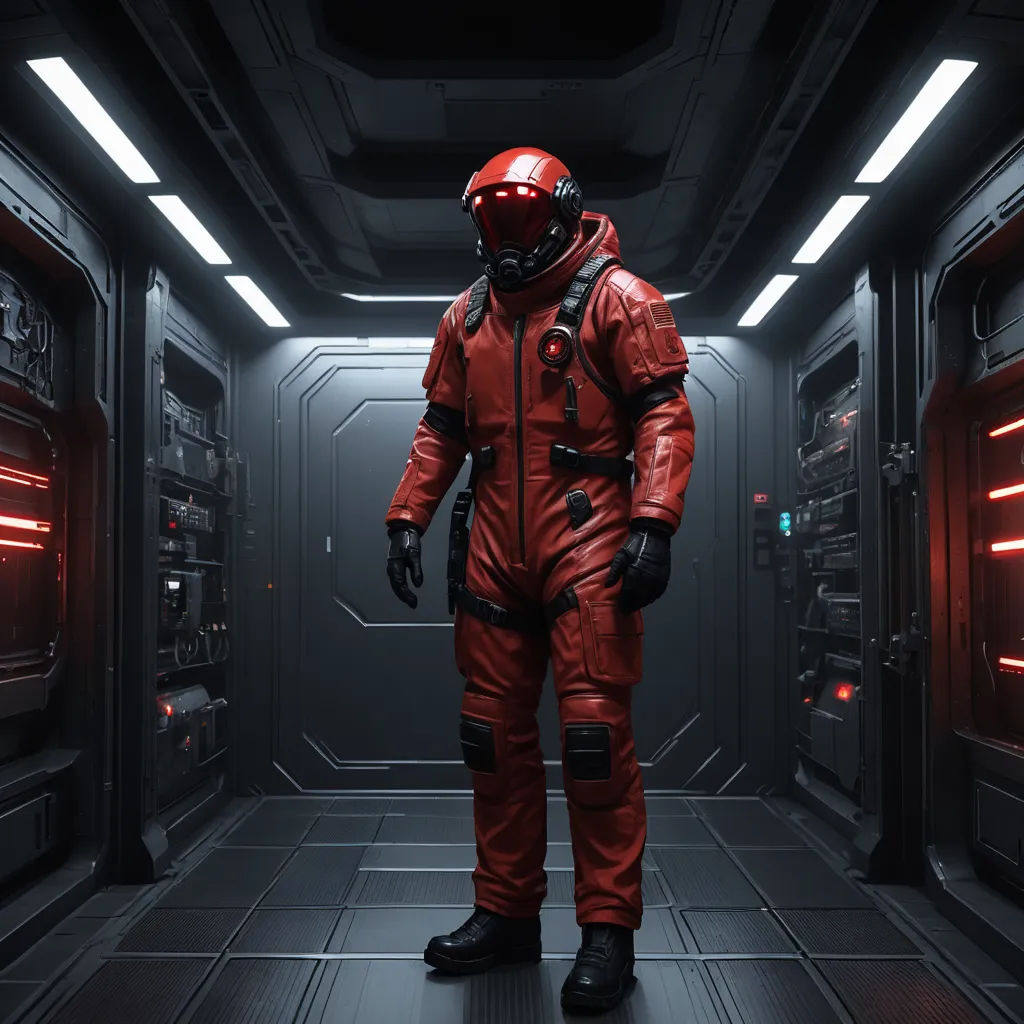 a man in a red space suit standing in a hallway with red lights on the ceiling and a red helmet on, space art, an ambient occlusion render, Eve Ryder, redshift render