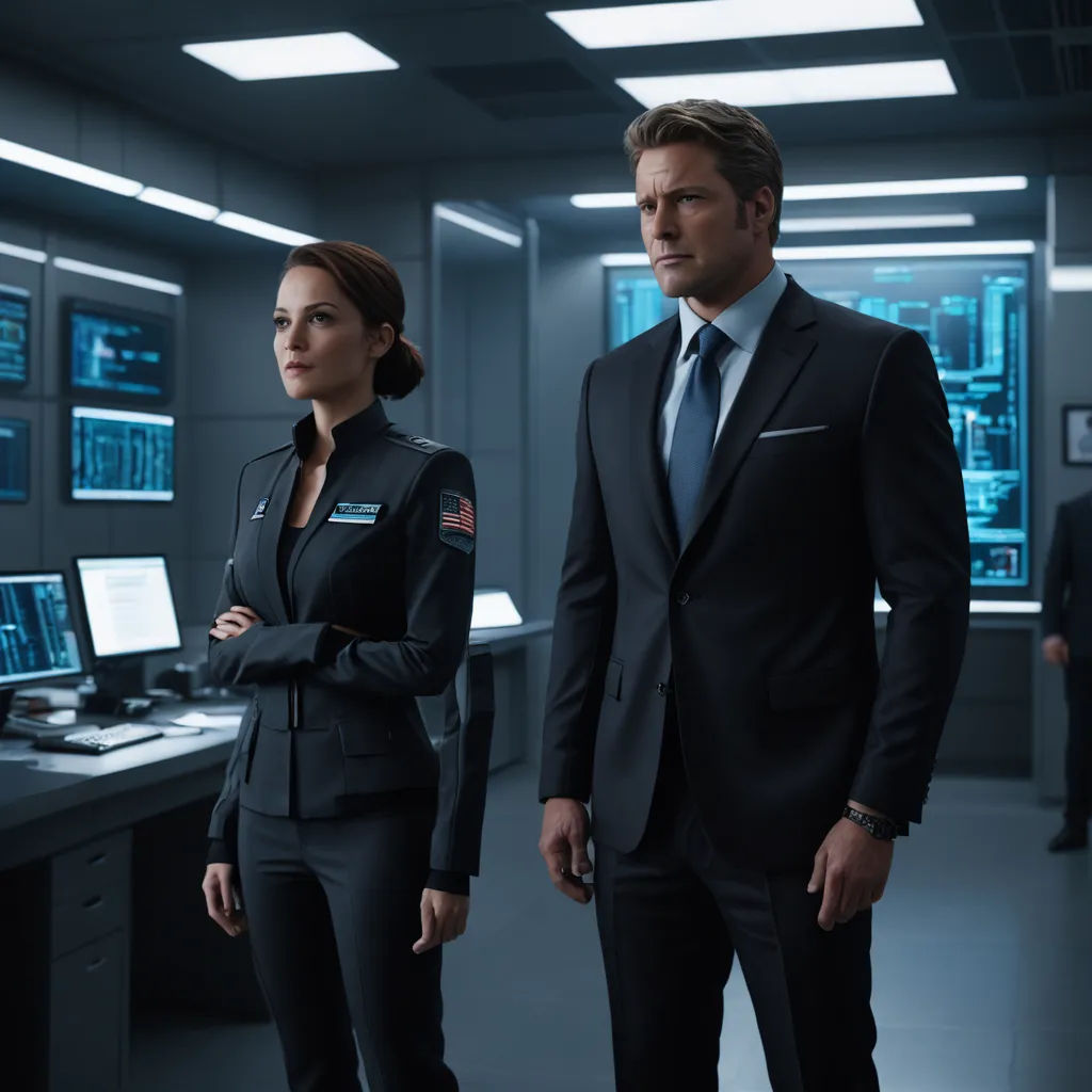 a man and a woman in suits standing in a room with computers on the walls and a man in a suit standing in front of them, international gothic, a poster, Dan Scott, promotional image