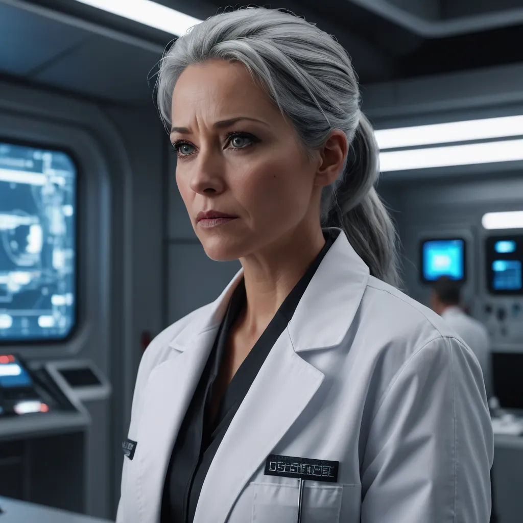 a woman in a white lab coat looking at something on a screen in a room with a large monitor, retrofuturism, a character portrait, Constance Gordon-Cumming, promotional image