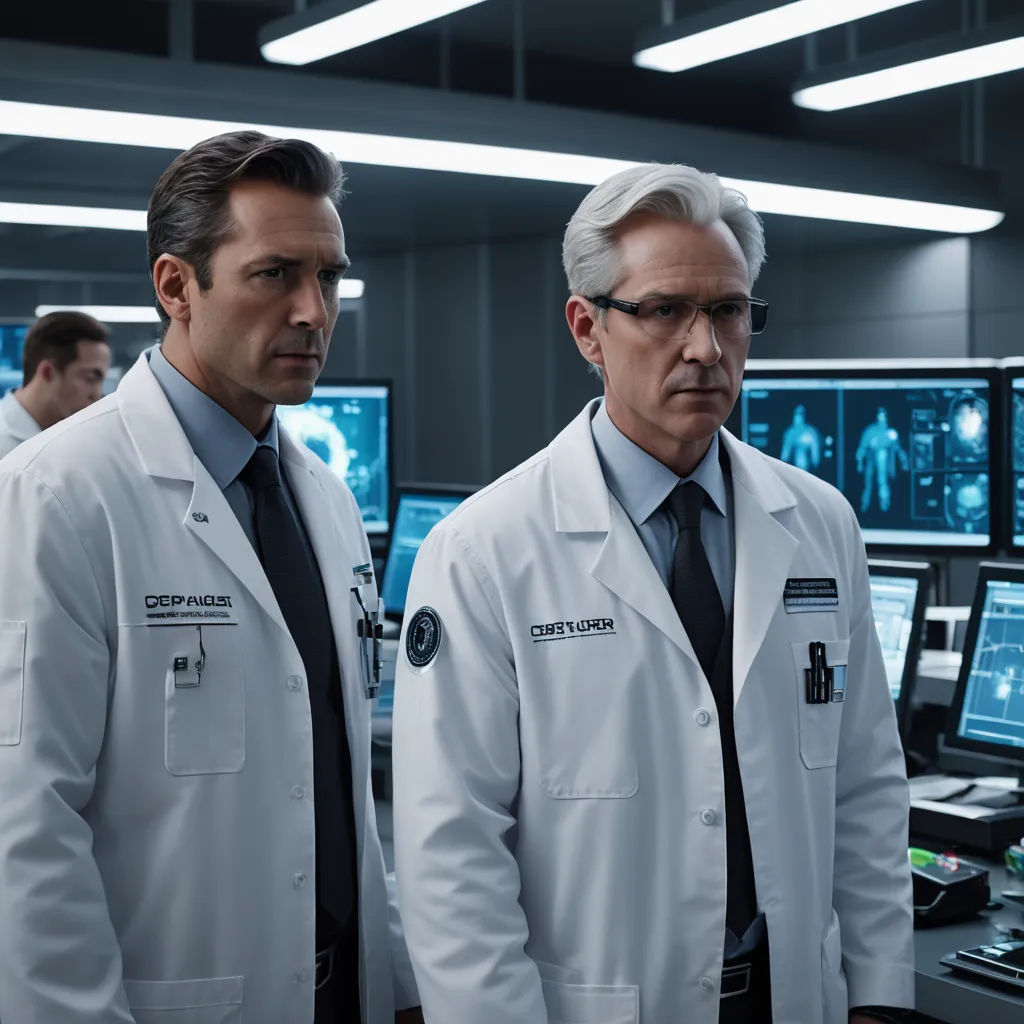 two men in white lab coats looking at monitors in a room with other men in suits and ties on, new objectivity, a hologram, Charles Mahoney, promotional image