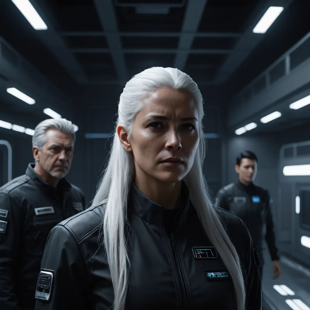 a woman with white hair and a man in a black suit in a sci - fi fi space station, space art, a character portrait, Cedric Peyravernay, promotional image