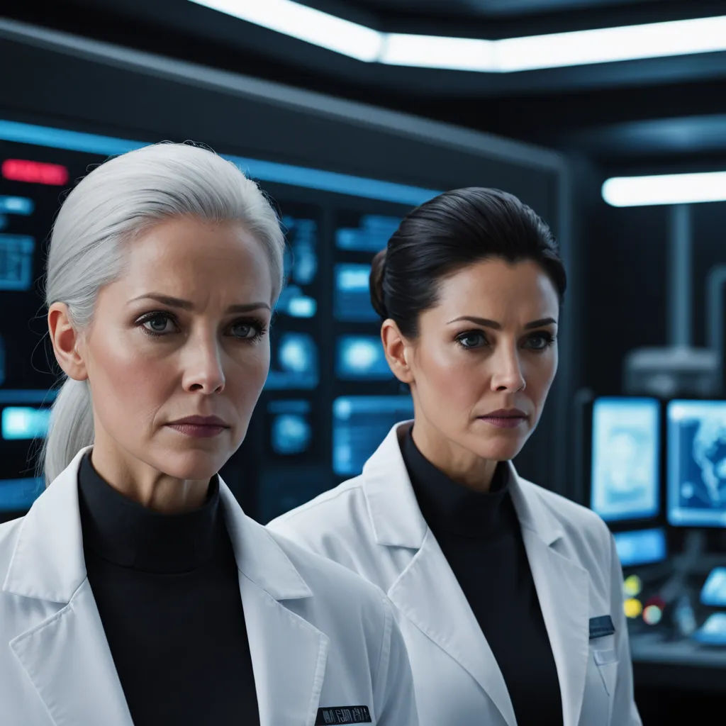 two women in white lab coats standing in front of a computer screen with a large screen behind them and a large screen behind them, antipodeans, a poster, Ada Gladys Killins, promotional image