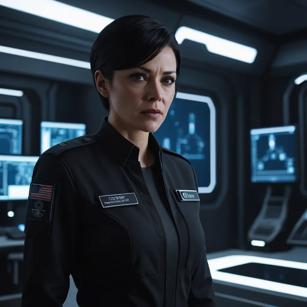 a woman in a black uniform standing in a room with monitors on the wall and a television screen behind her, cobra, a character portrait, Eve Ryder, promotional image