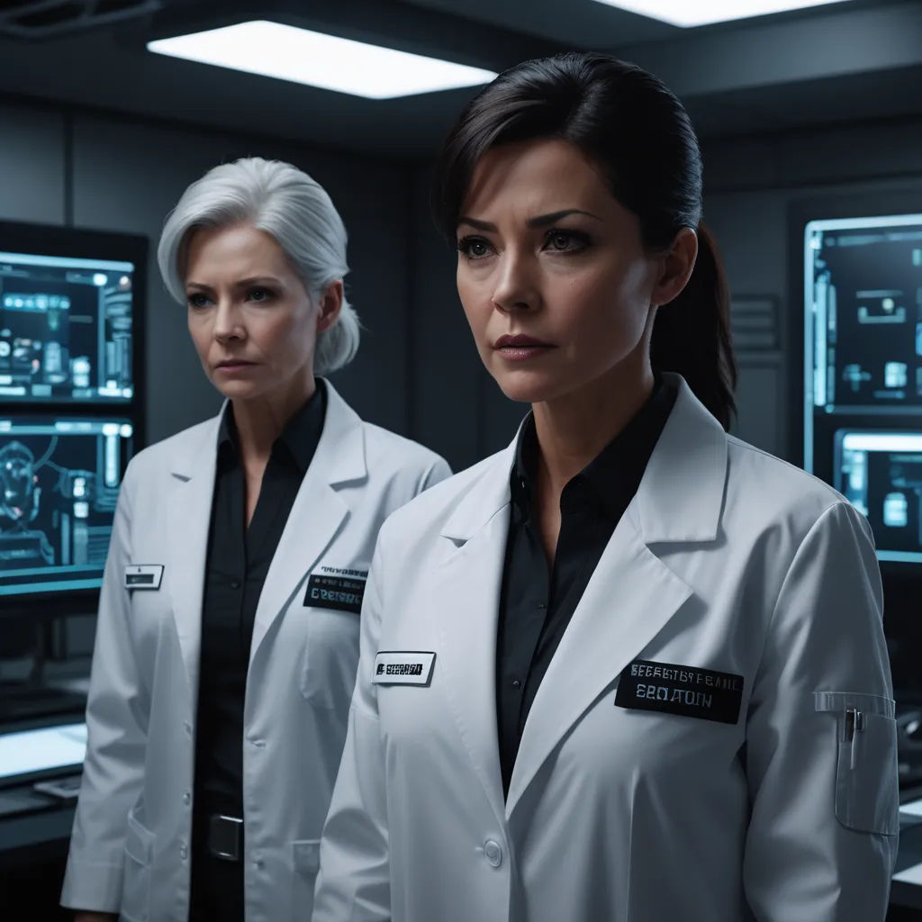 two women in white lab coats standing in a room with multiple monitors on the wall behind them and a third woman in black shirt, computer art, a hologram, Eve Ryder, promotional image