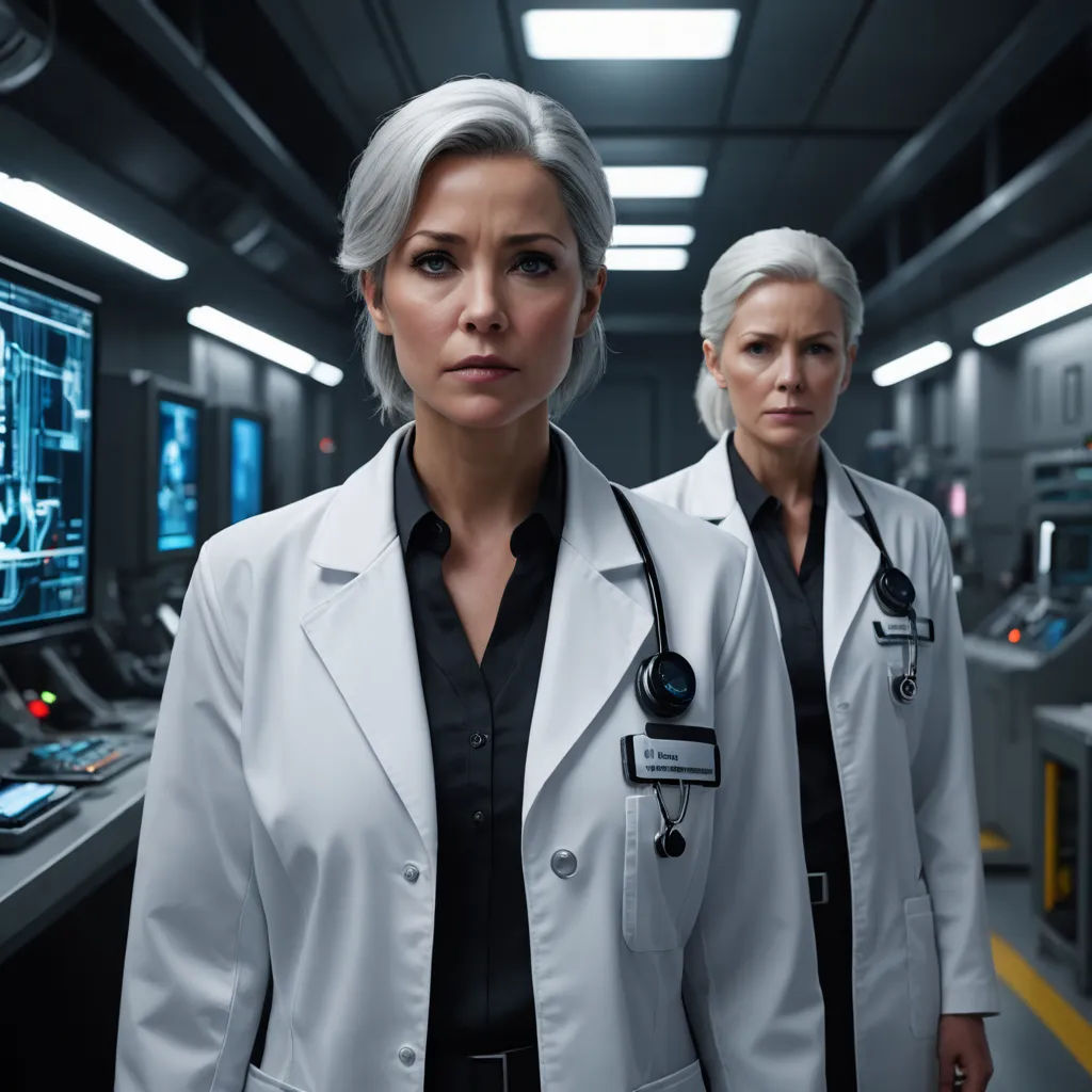 two women in white lab coats standing in front of a computer screen in a room with other equipment on the walls, antipodeans, a stock photo, Dr. Atl, promotional image
