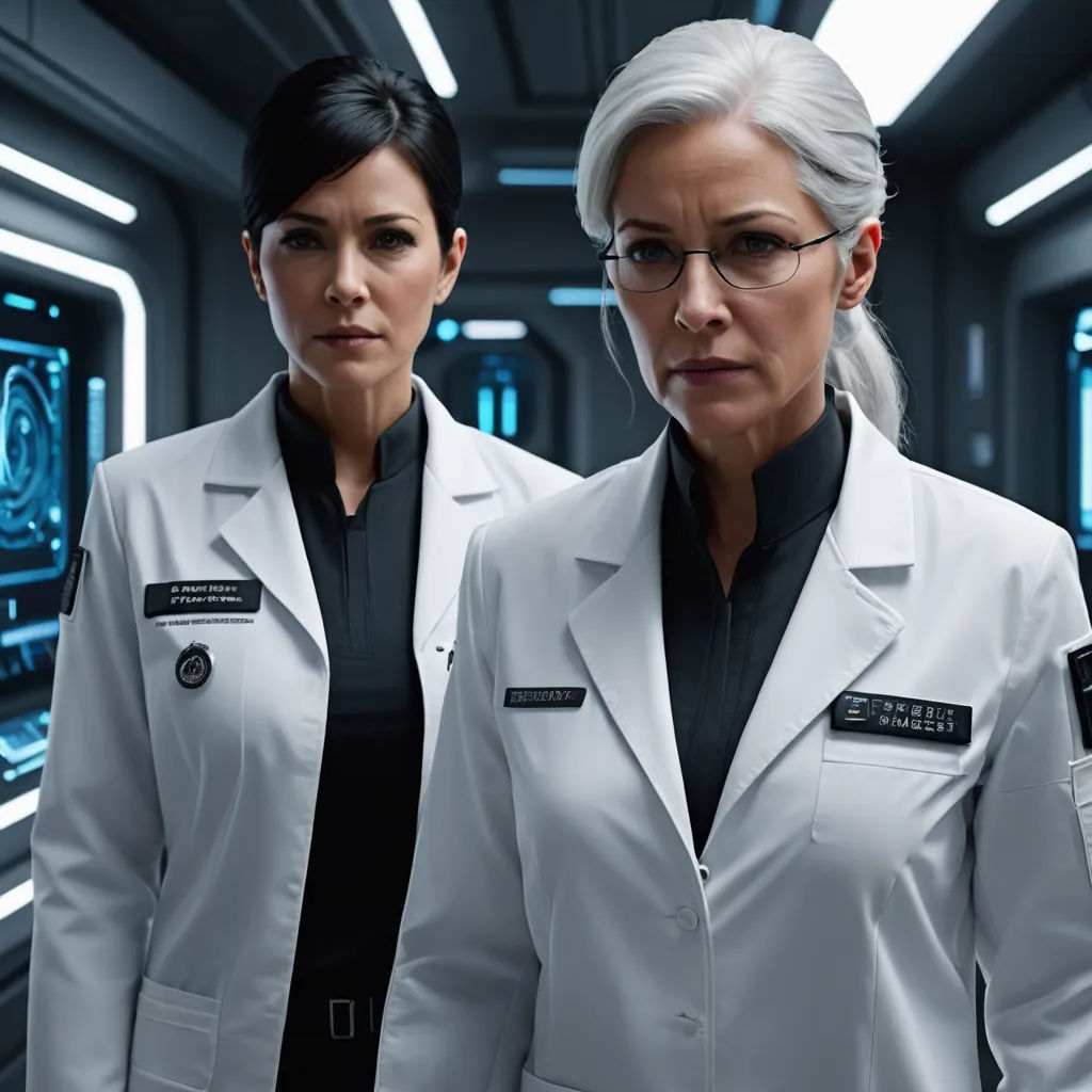 two women in white lab coats standing in a room with a large screen in the background and a blue light, antipodeans, a character portrait, Eve Ryder, promotional image