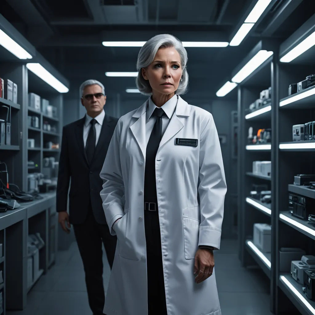 a man and a woman in a lab coat and tie standing in a room with shelves of electronic equipment, international gothic, a poster, Ada Gladys Killins, promotional image